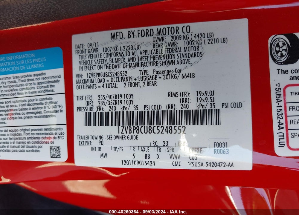 2012 FORD MUSTANG BOSS 302 VIN: 1ZVBP8CU8C5248552