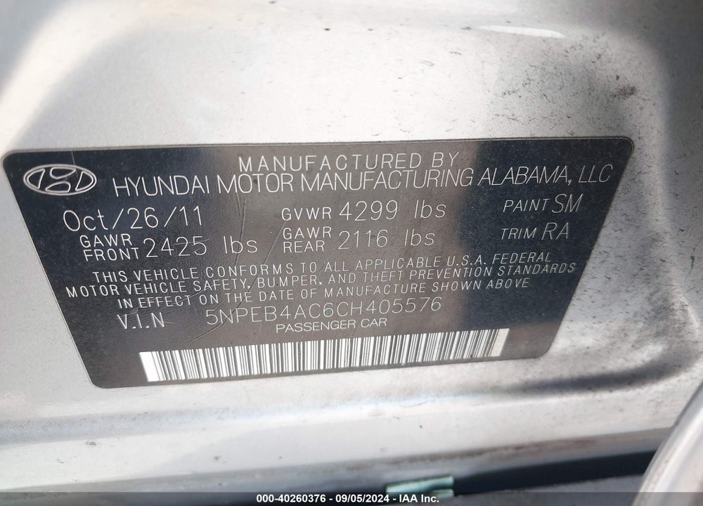 2012 HYUNDAI SONATA GLS VIN: 5NPEB4AC6CH405576