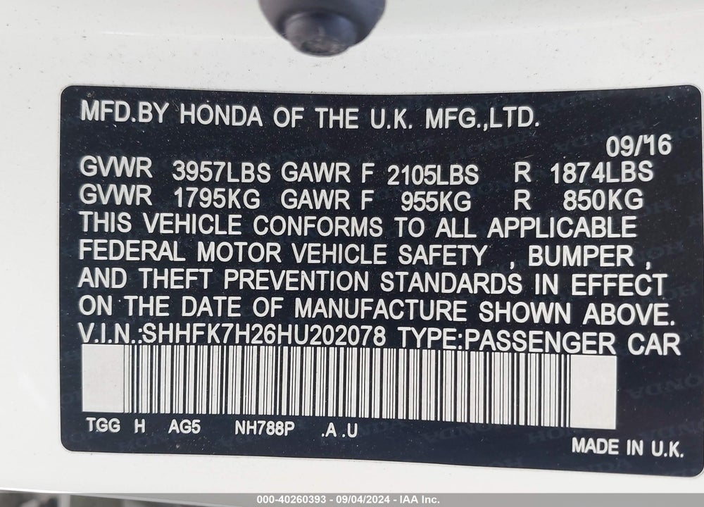 2017 HONDA CIVIC LX VIN: SHHFK7H26HU202078