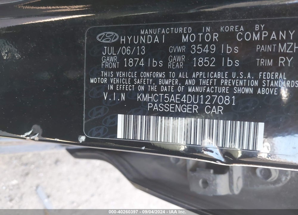 2013 HYUNDAI ACCENT GS VIN: KMHCT5AE4DU127081