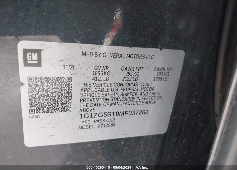 2021 CHEVROLET MALIBU FWD RS VIN: 1G1ZG5ST0MF037262