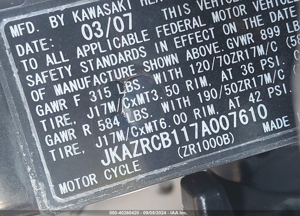 2007 KAWASAKI ZR1000 B VIN: JKAZRCB117A007610