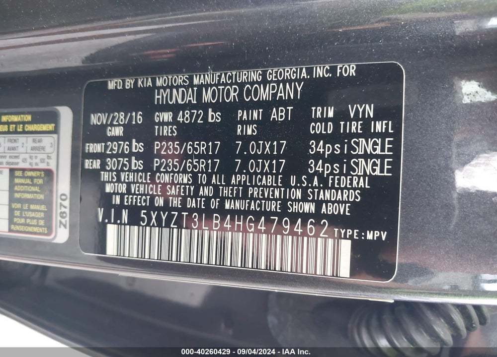 2017 HYUNDAI SANTA FE SPORT 2.4L VIN: 5XYZT3LB4HG479462