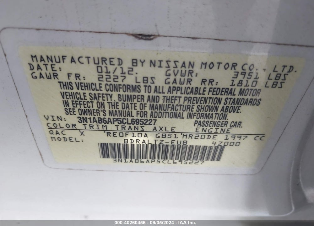 2012 NISSAN SENTRA 2.0 SR VIN: 3N1AB6AP5CL695227