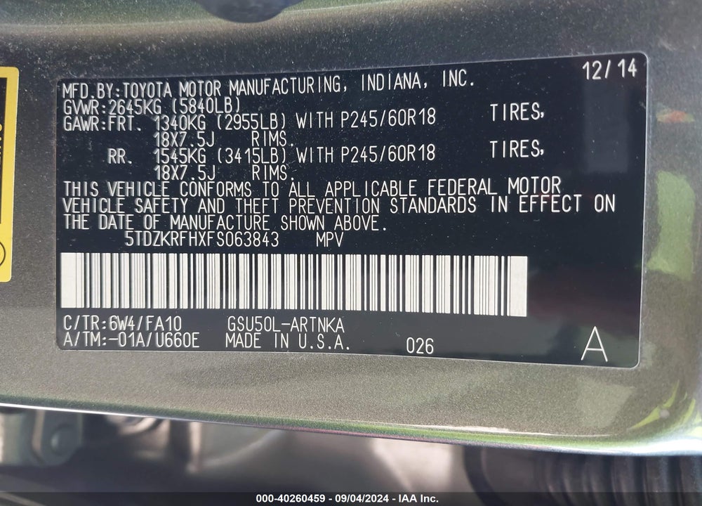 2015 TOYOTA HIGHLANDER LE PLUS V6 VIN: 5TDZKRFHXFS063843