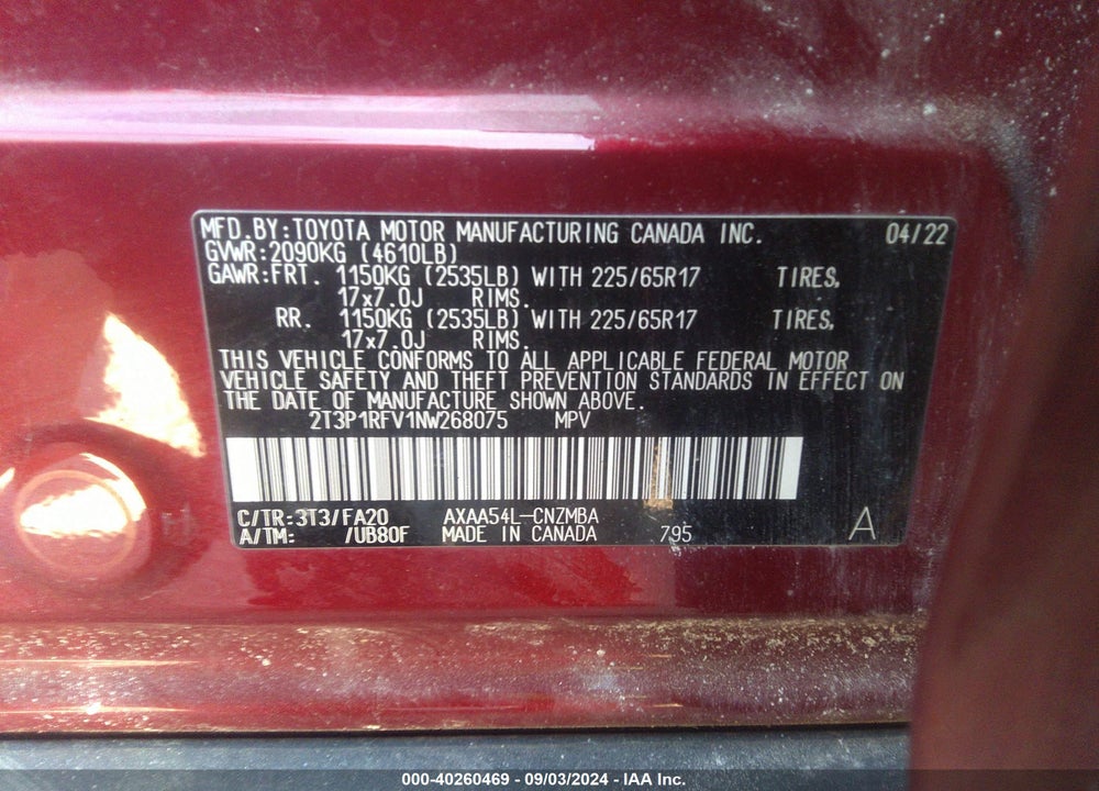 2022 TOYOTA RAV4 XLE VIN: 2T3P1RFV1NW268075