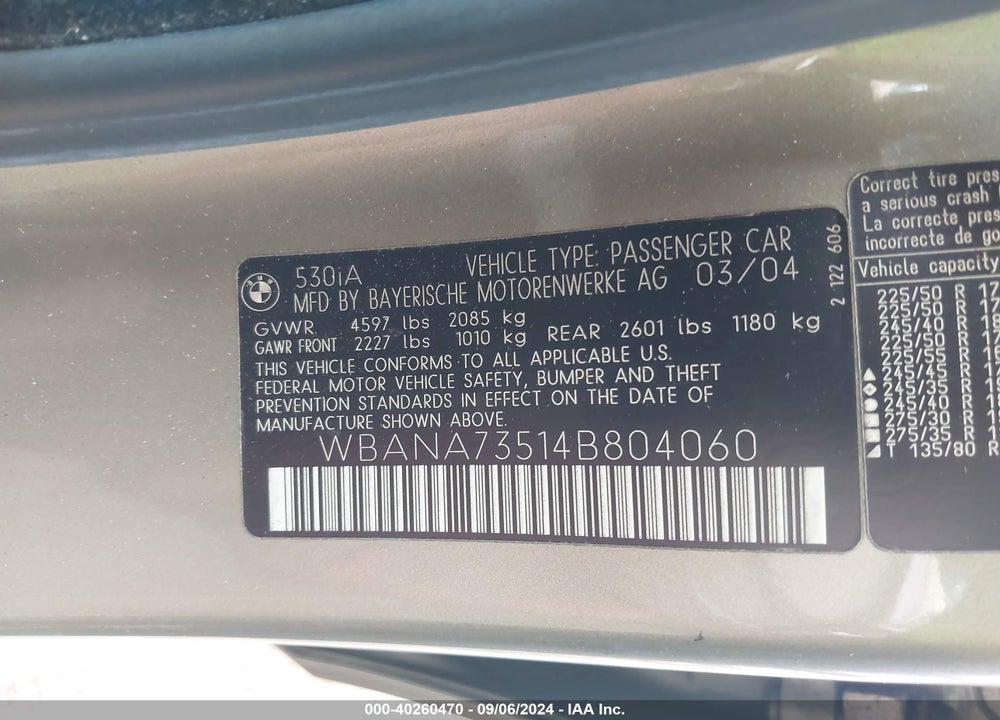 2004 BMW 530I VIN: WBANA73514B804060