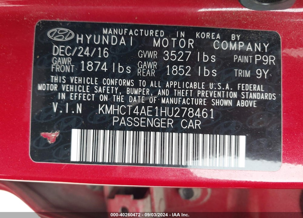 2017 HYUNDAI ACCENT SE VIN: KMHCT4AE1HU278461