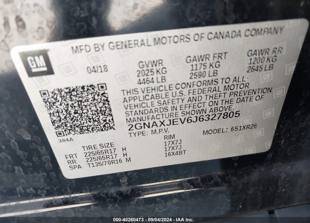 2018 CHEVROLET EQUINOX LT VIN: 2GNAXJEV6J6327805