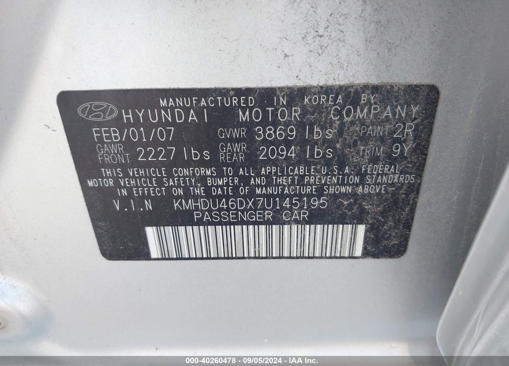 2007 HYUNDAI ELANTRA GLS/LIMITED/SE VIN: KMHDU46DX7U145195