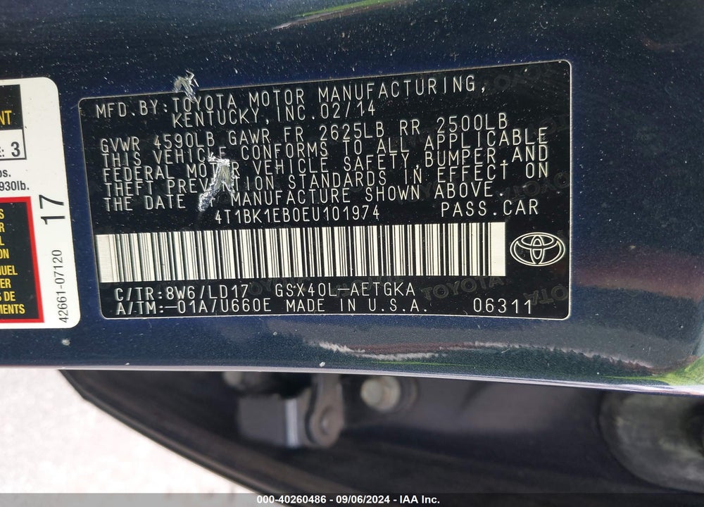 2014 TOYOTA AVALON XLE VIN: 4T1BK1EB0EU101974