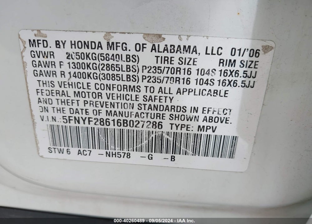 2006 HONDA PILOT EX-L VIN: 5FNYF28616B027286