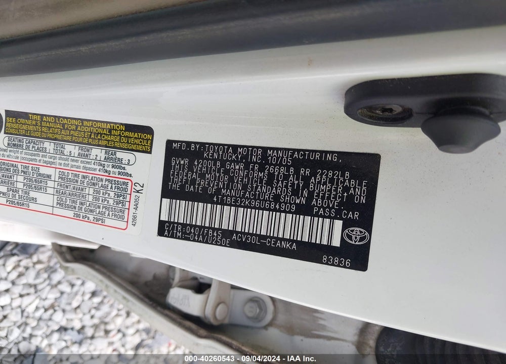 2006 TOYOTA CAMRY LE VIN: 4T1BE32K96U684909