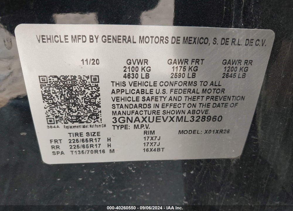 2021 CHEVROLET EQUINOX AWD LT VIN: 3GNAXUEVXML328960