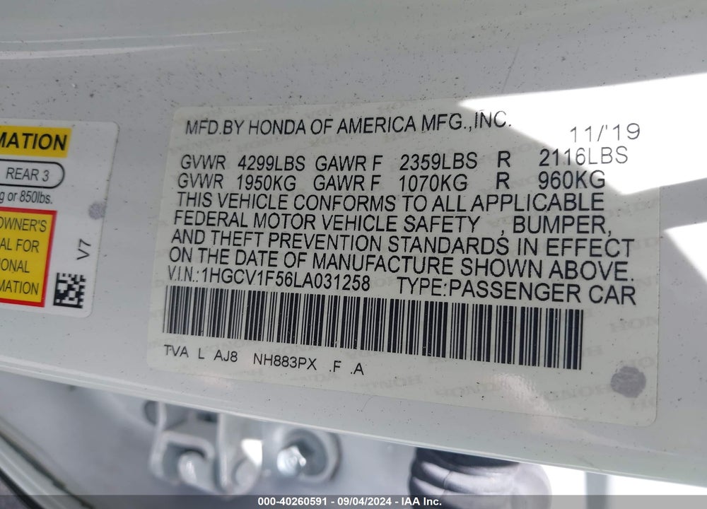 2020 HONDA ACCORD EX-L VIN: 1HGCV1F56LA031258
