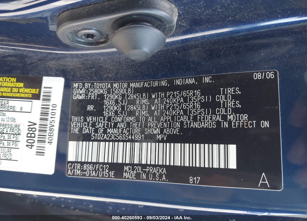 2006 TOYOTA SIENNA VIN: 5TDZA23C56S544991