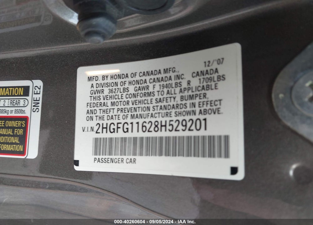 2008 HONDA CIVIC LX VIN: 2HGFG11628H529201