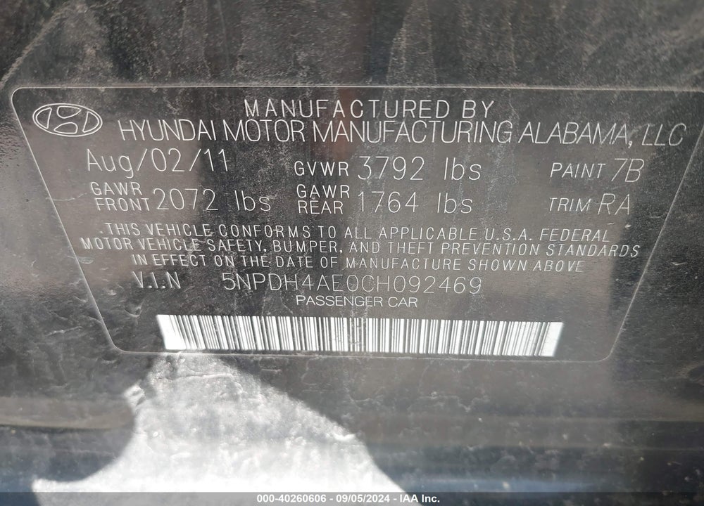 2012 HYUNDAI ELANTRA GLS VIN: 5NPDH4AE0CH092469