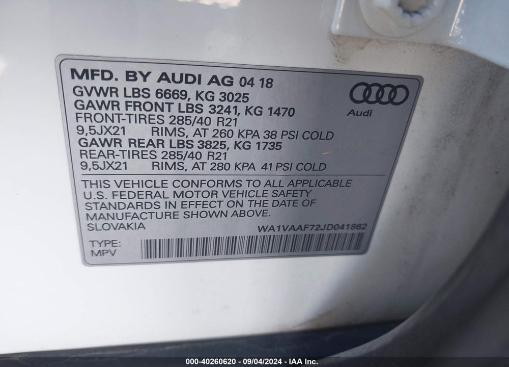 2018 AUDI Q7 3.0T PREMIUM VIN: WA1VAAF72JD041862