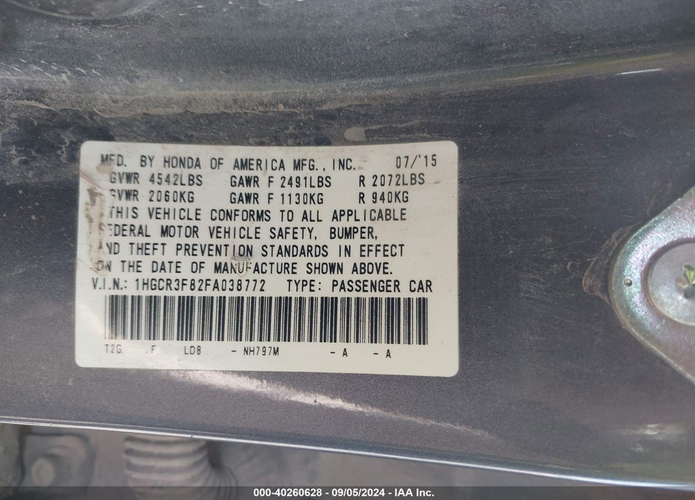 2015 HONDA ACCORD EX-L V-6 VIN: 1HGCR3F82FA038772