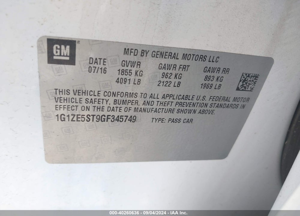 2016 CHEVROLET MALIBU 1LT VIN: 1G1ZE5ST9GF345749