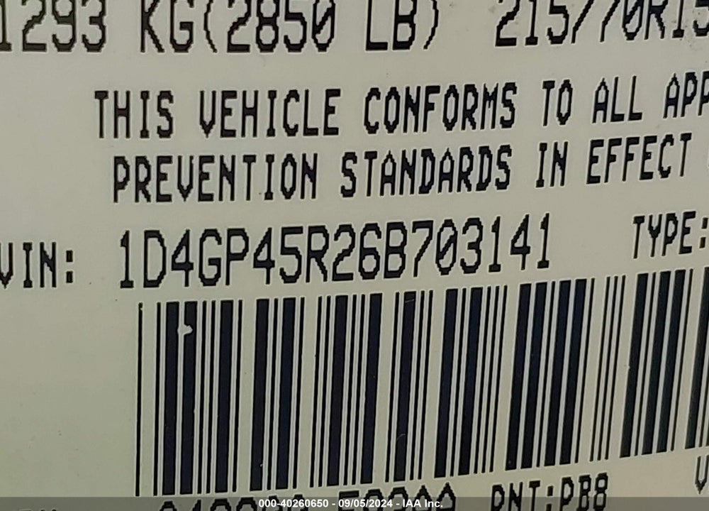 2006 DODGE CARAVAN SXT VIN: 1D4GP45R26B703141