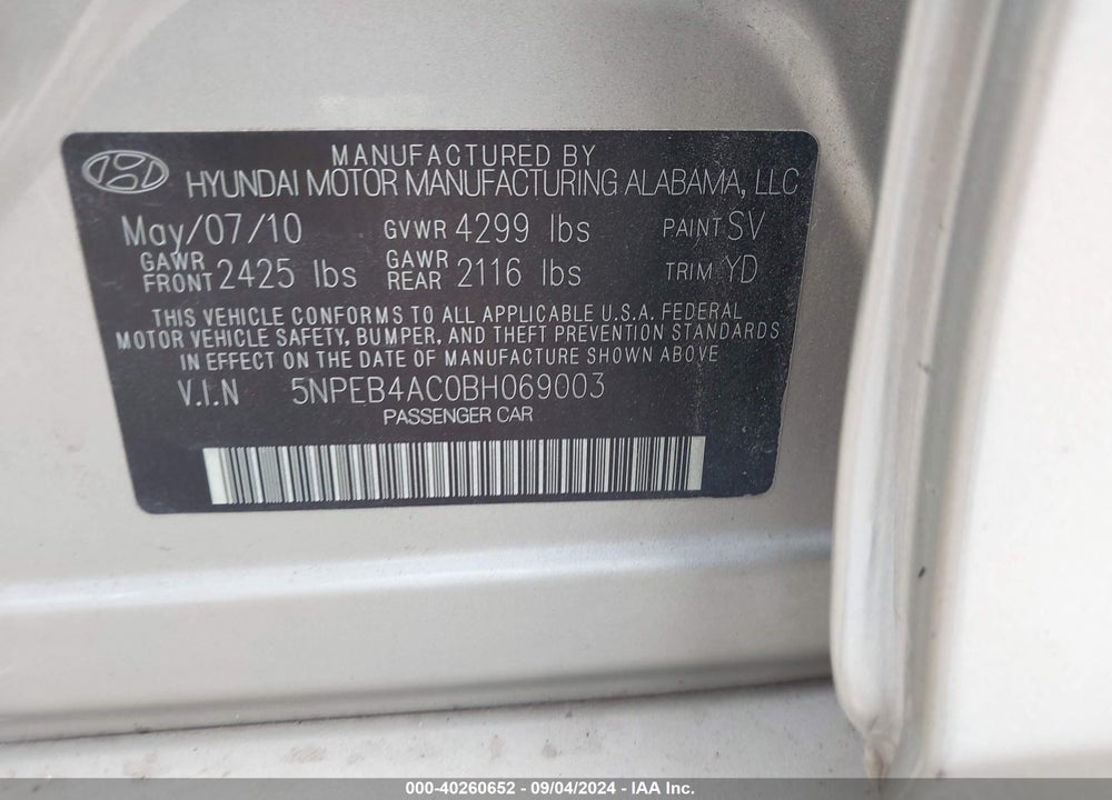2011 HYUNDAI SONATA GLS VIN: 5NPEB4AC0BH069003
