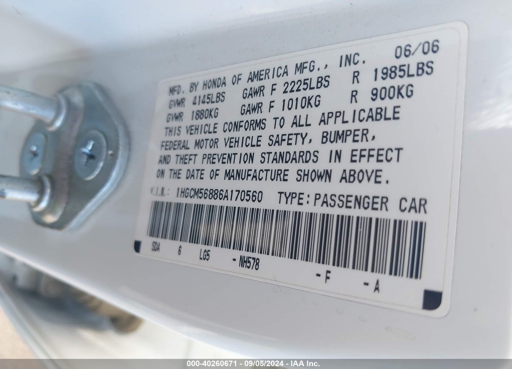2006 HONDA ACCORD 2.4 EX VIN: 1HGCM56886A170560