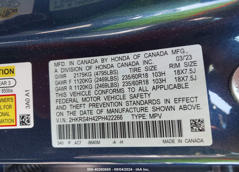 2023 HONDA CR-V EX AWD VIN: 2HKRS4H42PH422266