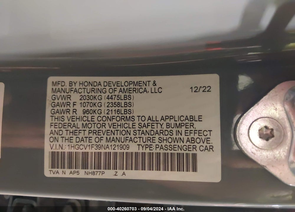 2022 HONDA ACCORD SPORT VIN: 1HGCV1F39NA121909