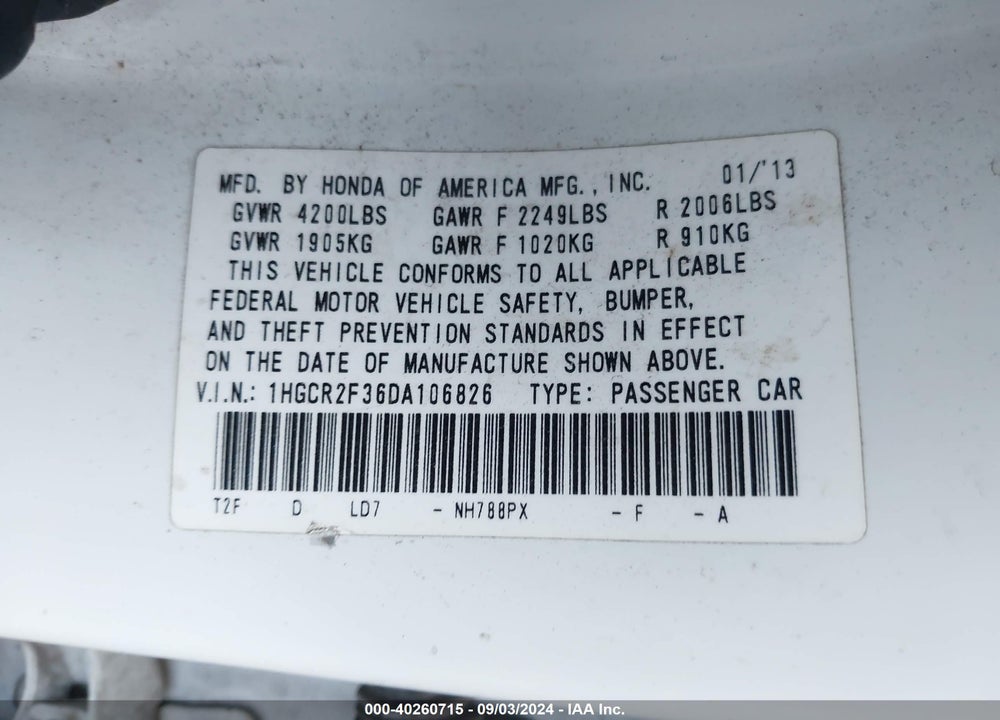 2013 HONDA ACCORD LX VIN: 1HGCR2F36DA106826