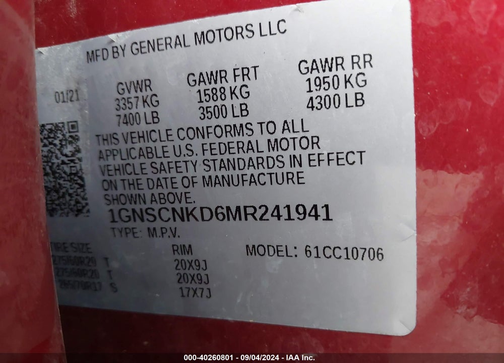 2021 CHEVROLET TAHOE 2WD LT VIN: 1GNSCNKD6MR241941