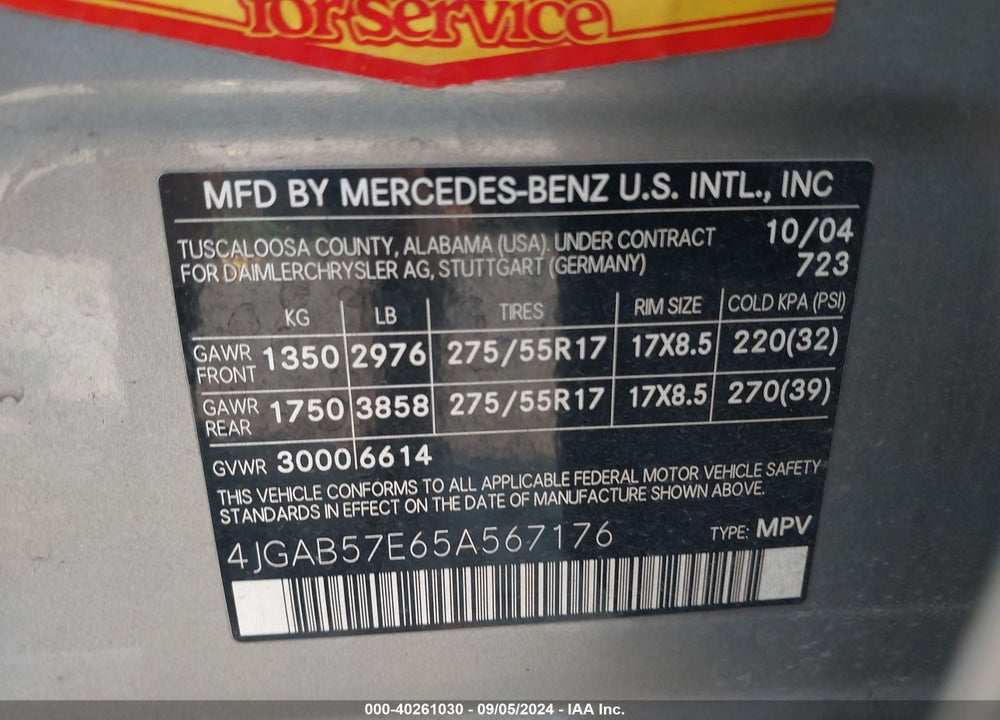 2005 MERCEDES-BENZ ML 350 4MATIC VIN: 4JGAB57E65A567176