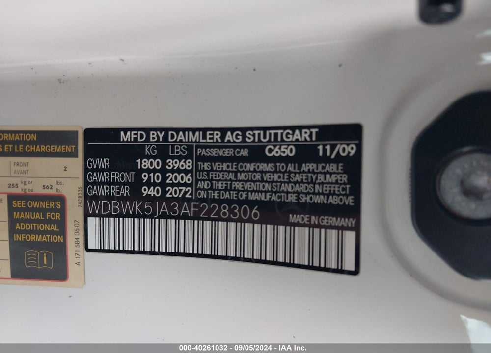 2010 MERCEDES-BENZ SLK 350 VIN: WDBWK5JA3AF228306