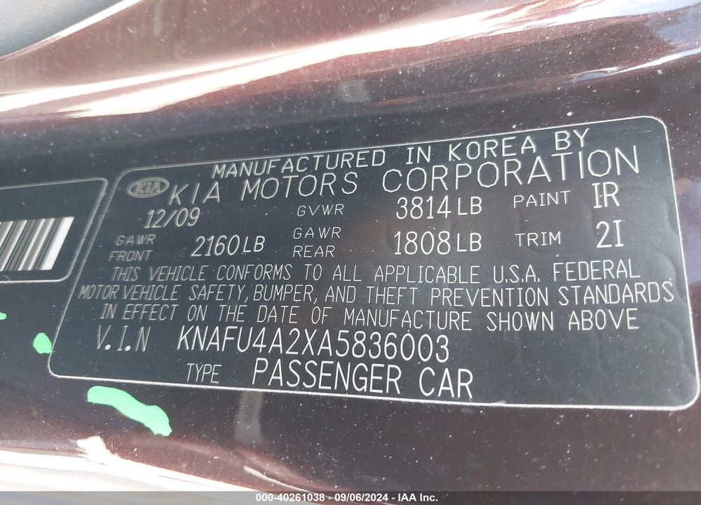 2010 KIA FORTE EX VIN: KNAFU4A2XA5836003