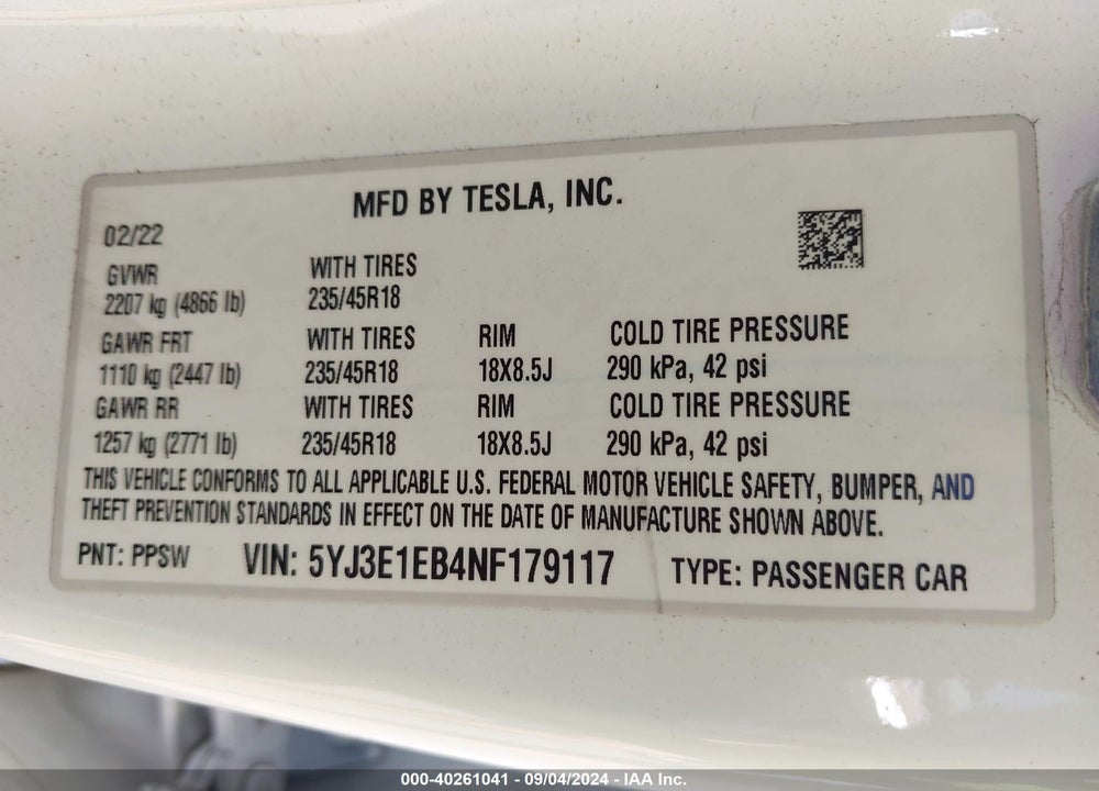 2022 TESLA MODEL 3 LONG RANGE DUAL MOTOR ALL-WHEEL DRIVE VIN: 5YJ3E1EB4NF179117