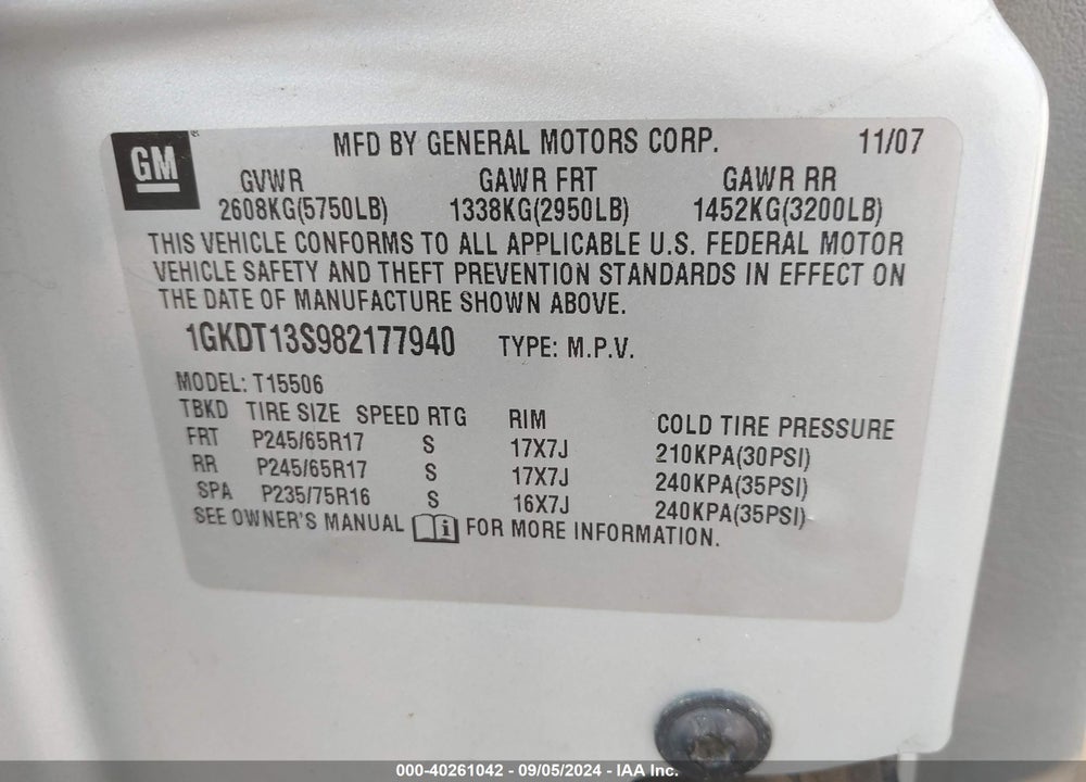 2008 GMC ENVOY SLE VIN: 1GKDT13S982177940