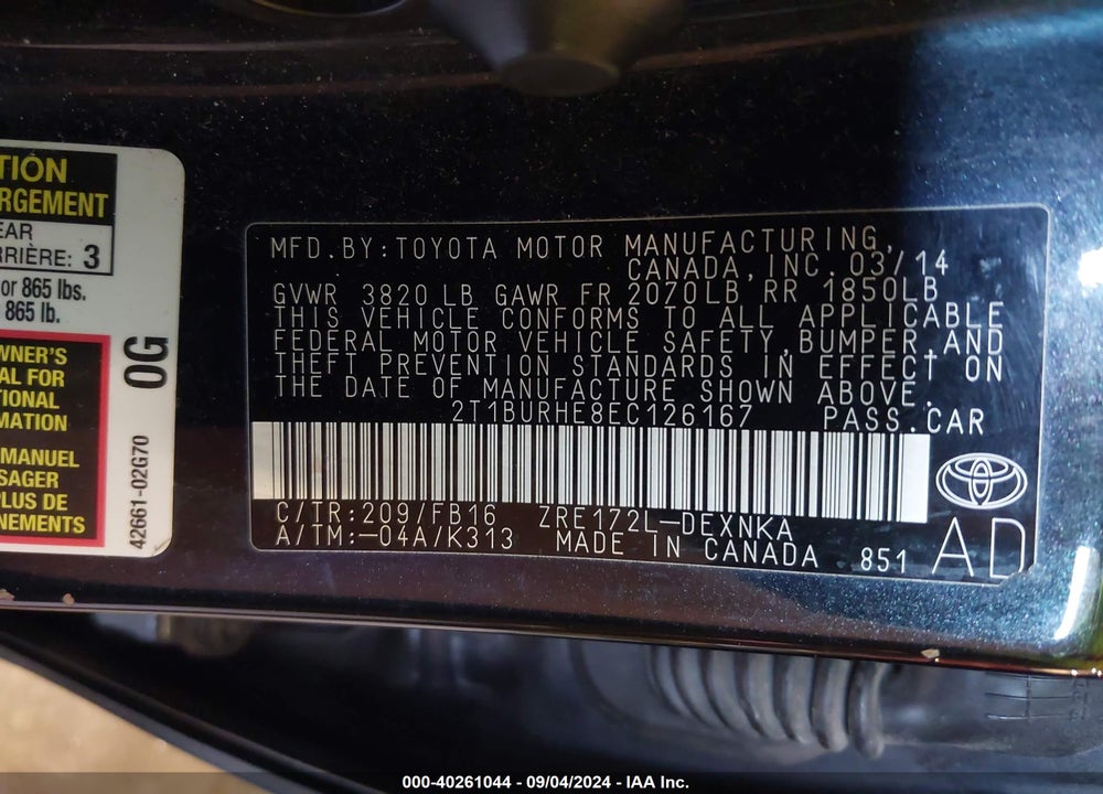 2014 TOYOTA COROLLA LE VIN: 2T1BURHE8EC126167