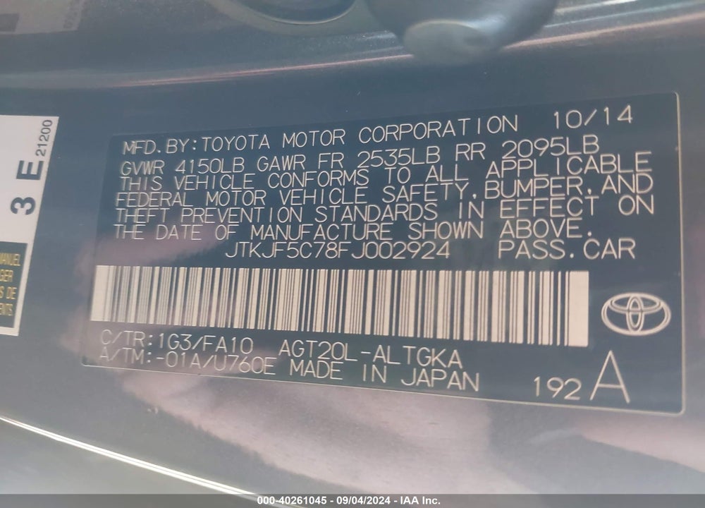 2015 SCION TC VIN: JTKJF5C78FJ002924