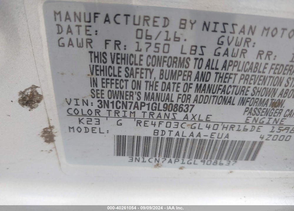 2016 NISSAN VERSA 1.6 S+ VIN: 3N1CN7AP1GL908637