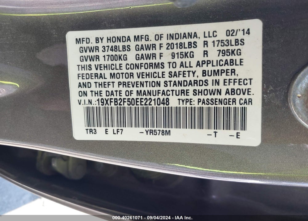 2014 HONDA CIVIC LX VIN: 19XFB2F50EE221048