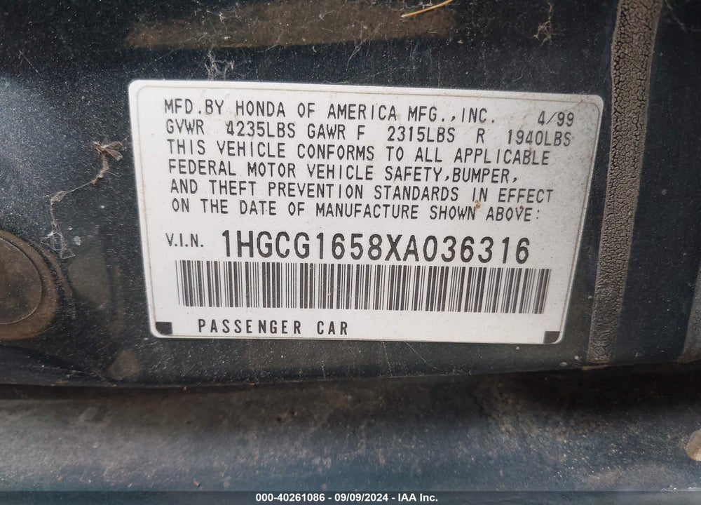 1999 HONDA ACCORD EX V6 VIN: 1HGCG1658XA036316