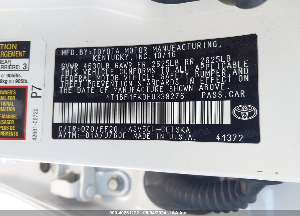 2017 TOYOTA CAMRY SE VIN: 4T1BF1FK0HU338276