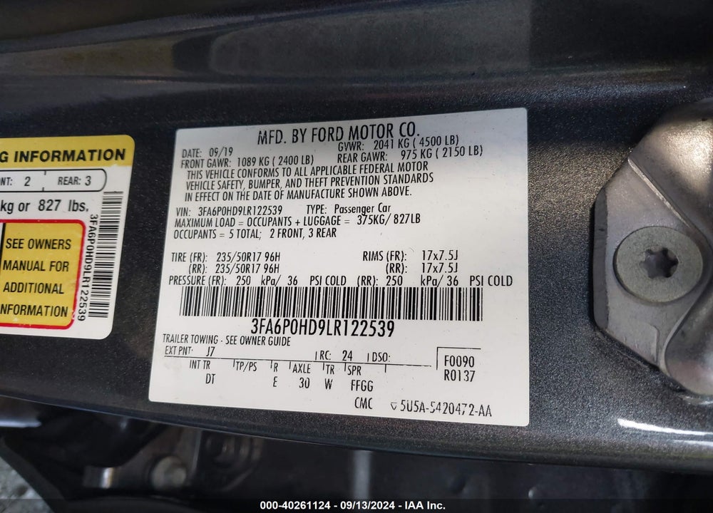 2020 FORD FUSION SE VIN: 3FA6P0HD9LR122539