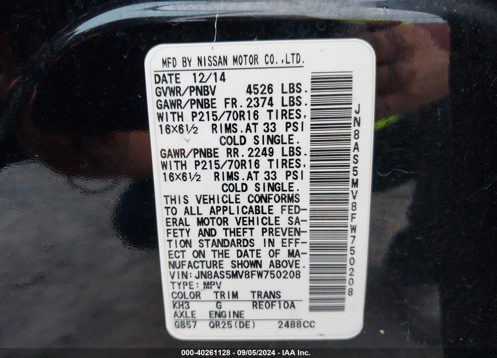 2015 NISSAN ROGUE SELECT VIN: JN8AS5MV8FW750208