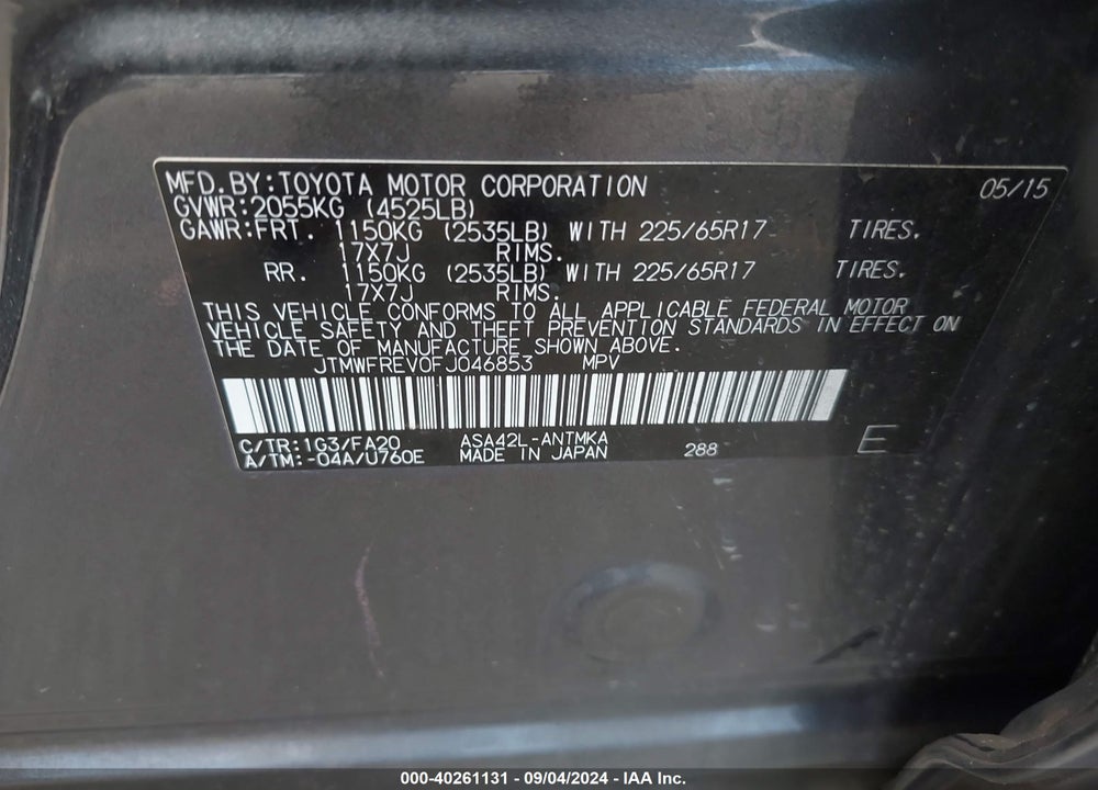 2015 TOYOTA RAV4 XLE VIN: JTMWFREV0FJ046853