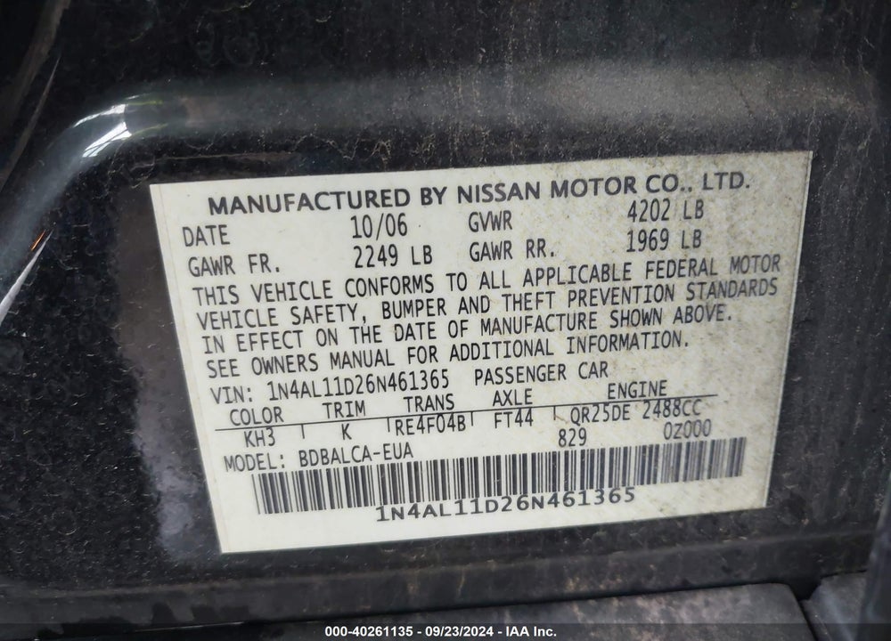 2006 NISSAN ALTIMA 2.5 S VIN: 1N4AL11D26N461365