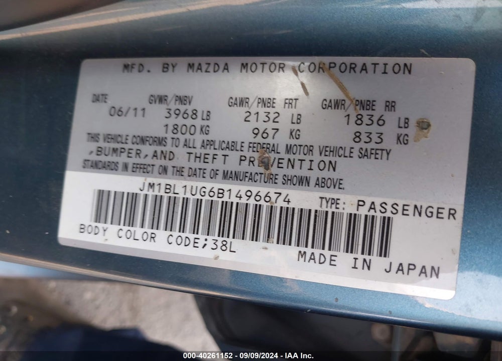 2011 MAZDA MAZDA3 VIN: JM1BL1UG6B1496674