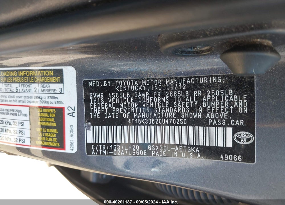 2012 TOYOTA AVALON VIN: 4T1BK3DB2CU470250