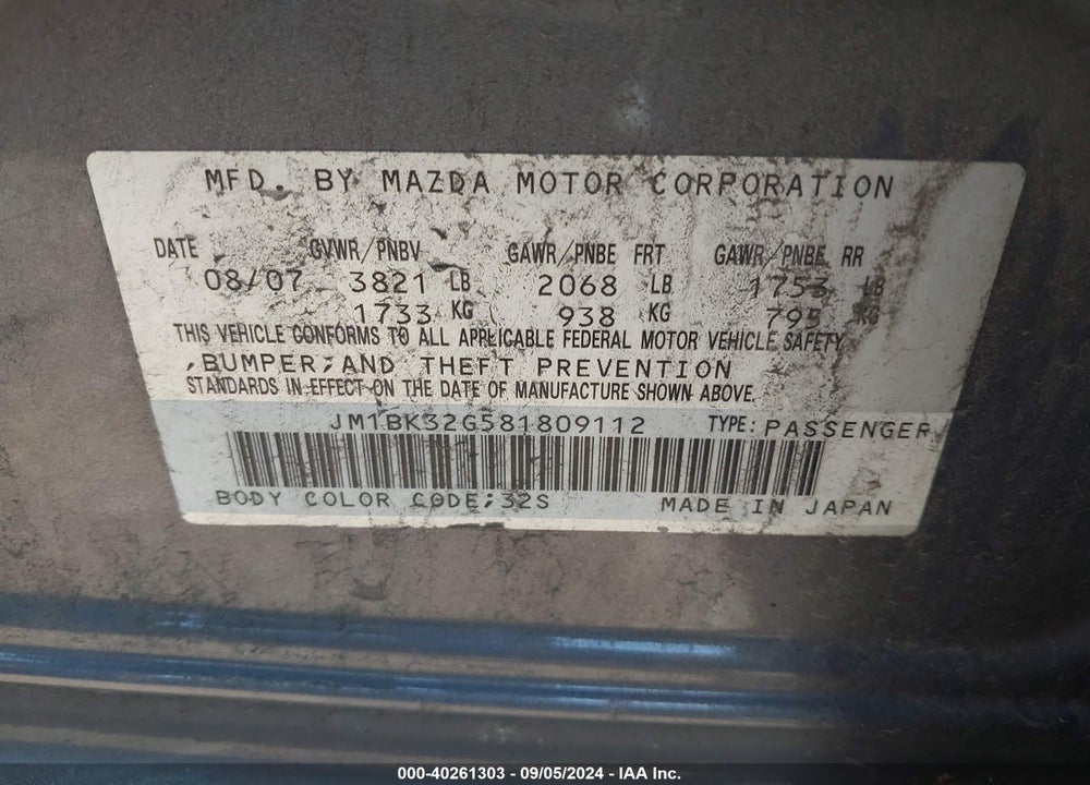 2008 MAZDA 3 I VIN: JM1BK32G581809112